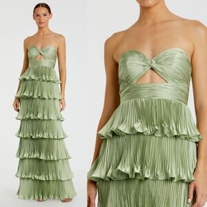 mac duggal pleated charmeuse strapless tiered maxi dress Pink Pleated Charmeuse Strapless Tiered Ruffle Gown